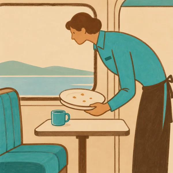 A long-bodied attendant in a turquoise shirt leans over a small table inside a train carriage, holding two crumb-marked plates above a turquoise mug; a booth…