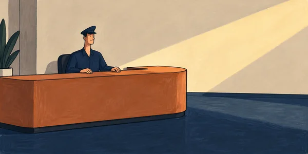 A uniformed officer sits behind a wide terracotta reception counter in a cream-walled room, with a broad diagonal sweep of pale light across the open space to…