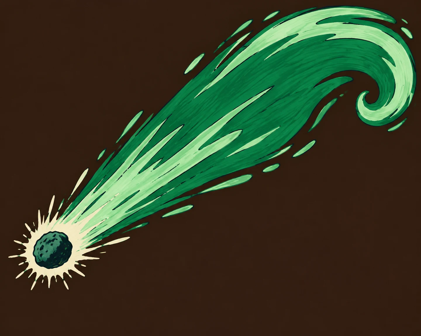 A hand-drawn comet with a dark irregular nucleus and bright ivory burst at the lower left, trailing a broad emerald and pale-mint curl across a dark brown…