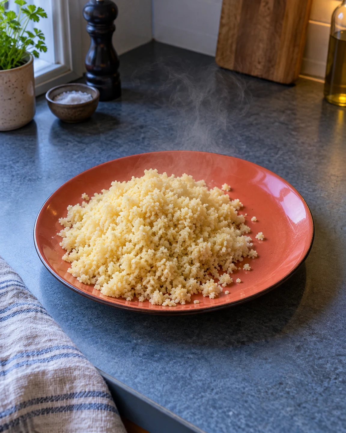 A coral enamel plate piled with steamed couscous sits on a blue-grey kitchen counter, with wisps of steam rising; a plant, pepper mill, small bowl, cutting…
