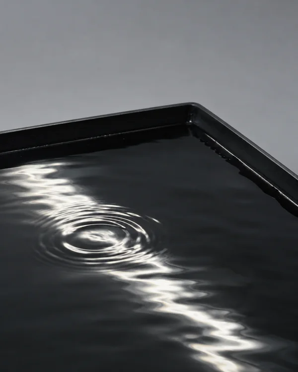 A shallow black rectangular tray of dark water sits against a cool grey background, with a bright winding reflection crossing the surface and circular ripples…