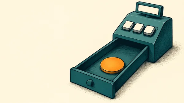 A deep-teal cash register with a long open drawer sits on a warm ivory background; one oversized orange coin rests inside the drawer, with three pale buttons…