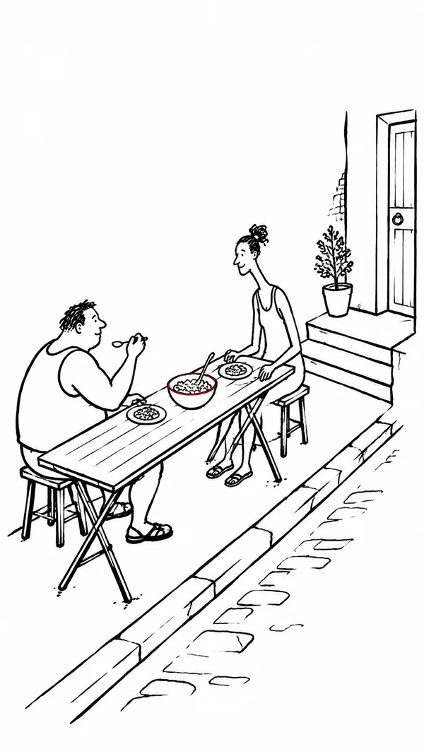 A broad-shouldered adult and a lanky adult sit on small stools at a long outdoor table, with two plates and a red-rimmed serving bowl between them.