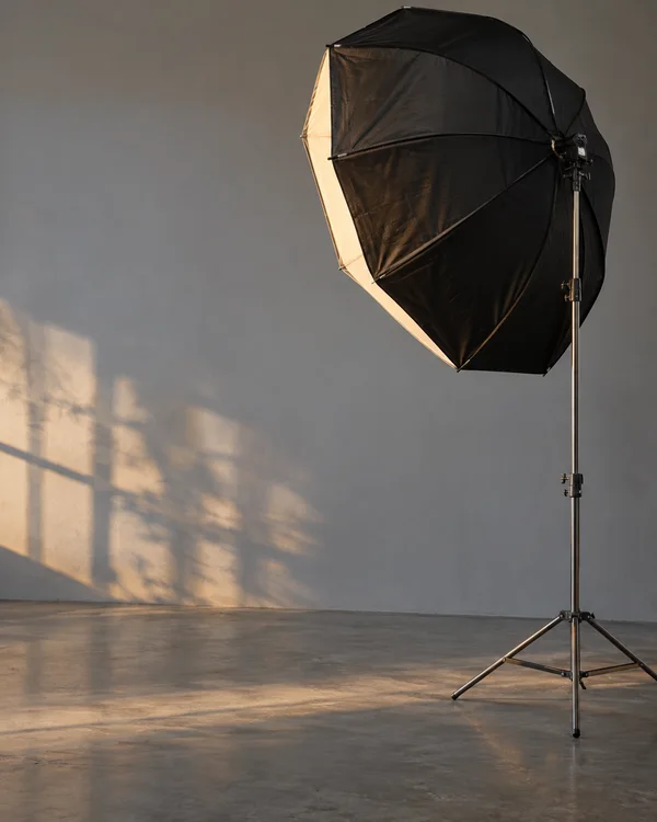 A large black octagonal softbox on a slim metal stand fills the upper-right of a quiet studio, seen from behind; a narrow strip of white diffuser catches warm…