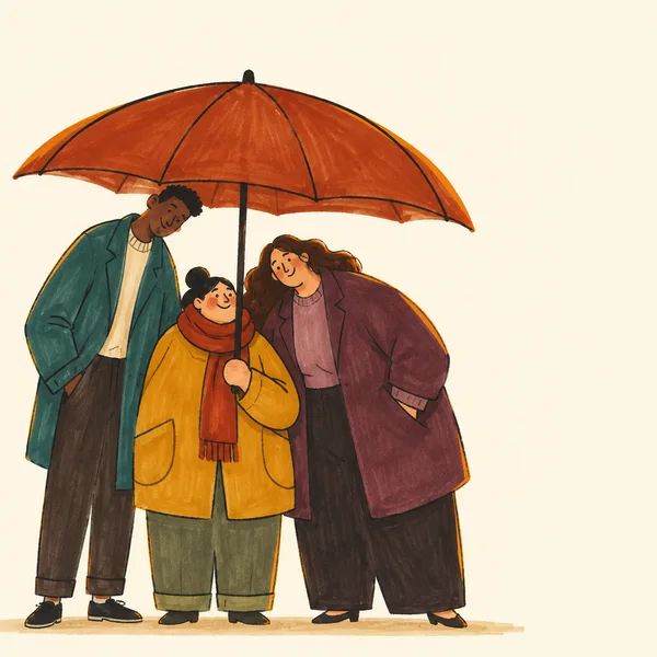 A hand-drawn marker illustration of three people standing close together beneath a wide rust-coloured umbrella, with a warm ivory background and a horizontal…
