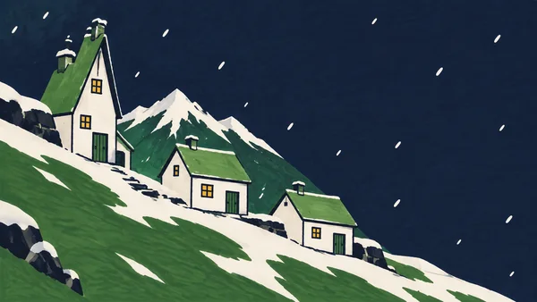 Three white cottages with green roofs step diagonally down a snowy mountainside beneath a dark navy sky.