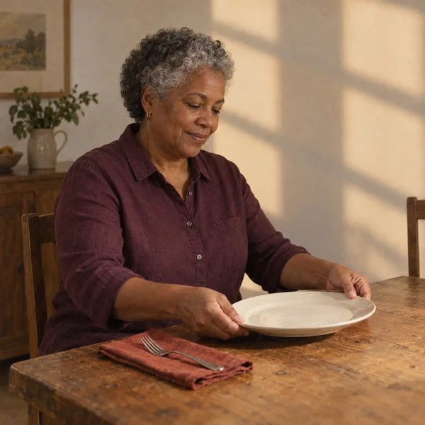 An older woman with short grey curls and a plum shirt holds a cream plate over a worn wooden dining table, beside a rust-red napkin and stainless-steel fork.
