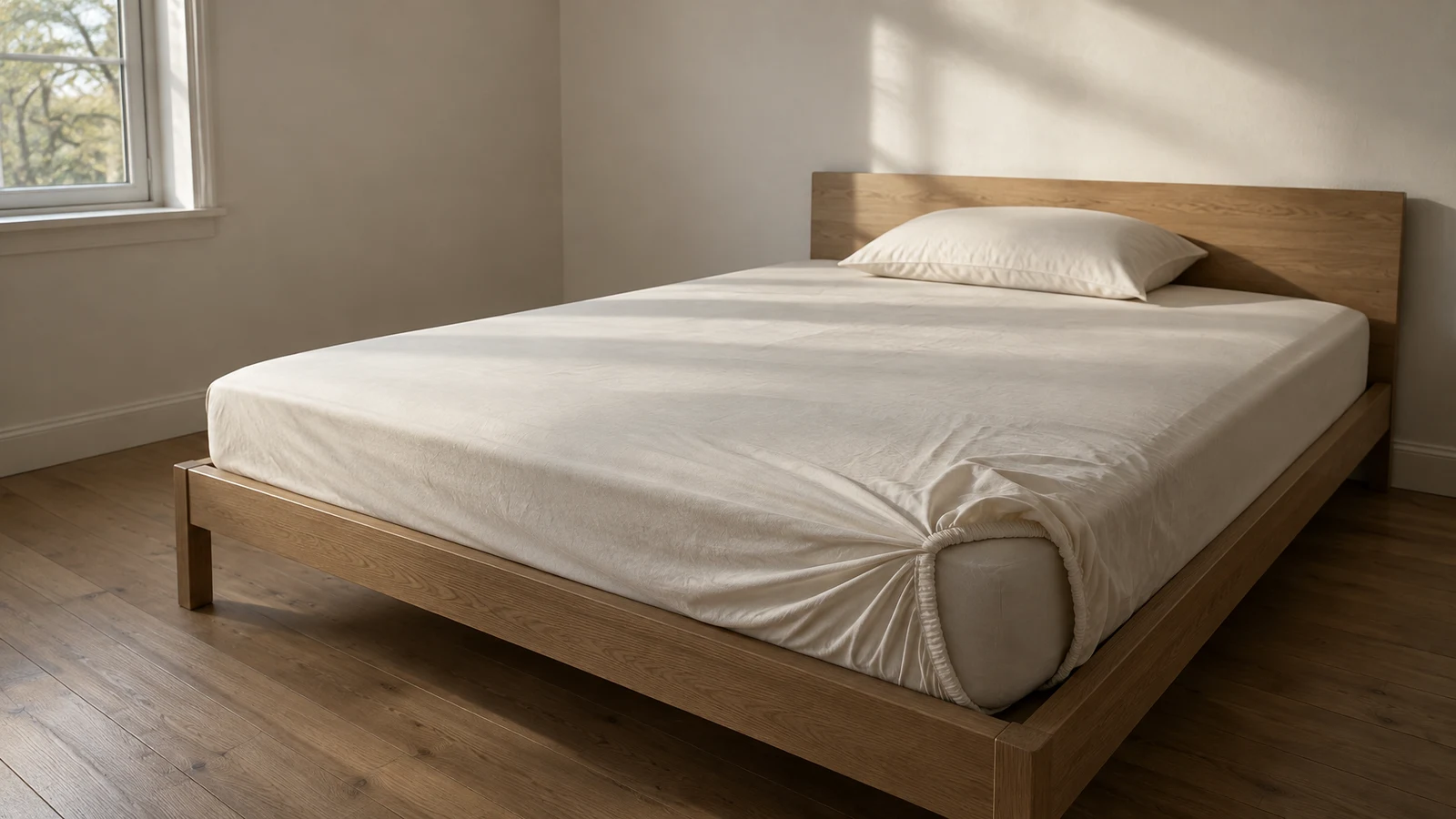 A low oak bed with a smooth ivory fitted sheet fills a daylight bedroom.