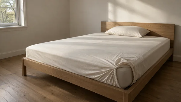 A low oak bed with a smooth ivory fitted sheet fills a daylight bedroom.