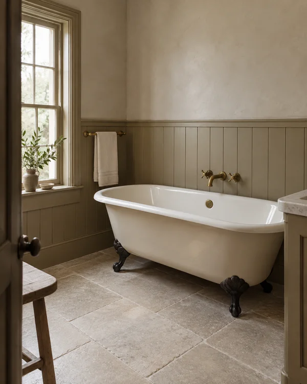 A cream roll-top bathtub with dark ornamental feet sits against olive-beige timber panelling in a softly lit bathroom.