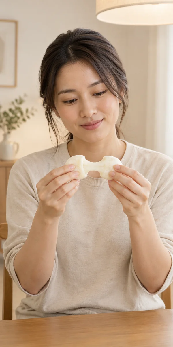 A woman in a light oatmeal shirt sits at a wooden table in a bright cream room, looking down at an ivory mochi cake pulled apart between both hands.