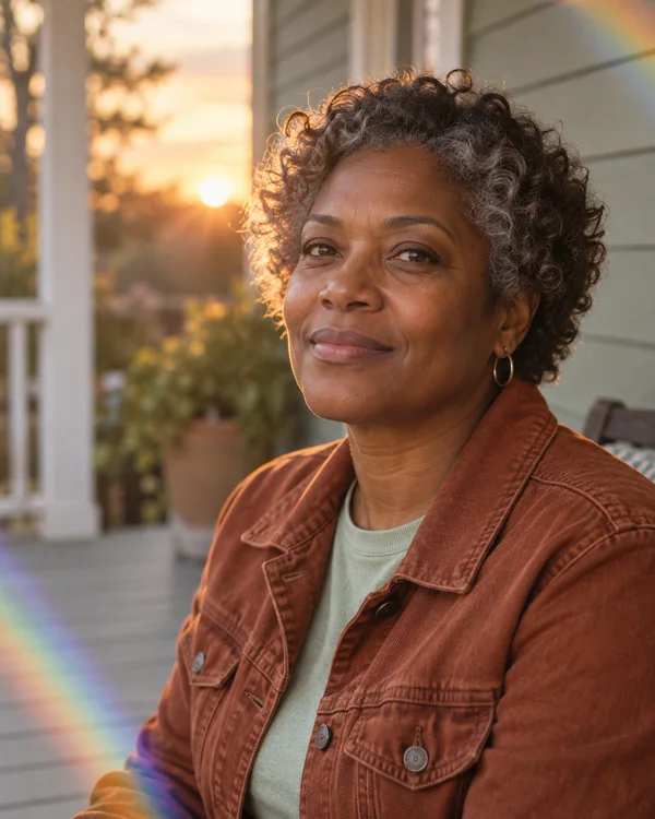 A woman with deep brown skin and salt-and-pepper curls sits on a home porch at sunset, wearing a rust-colored denim jacket over a pale mint top.