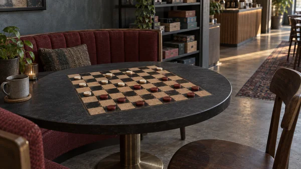 A round charcoal café table holds an inset cork-and-dark checkerboard with ivory and rust-red draught counters, beside an oxblood booth; shelves of game boxes…