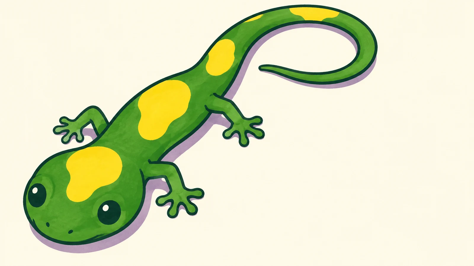 A large green salamander illustration lies diagonally across a warm cream background, with a rounded head at lower left, a long looped tail, yellow patches…
