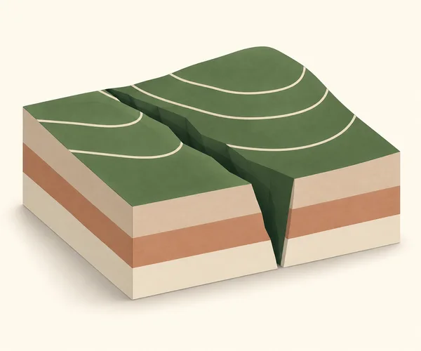 A raised rectangular terrain block sits against an ivory background, with a forest-green contoured hill split by a deep diagonal ravine and three exposed…