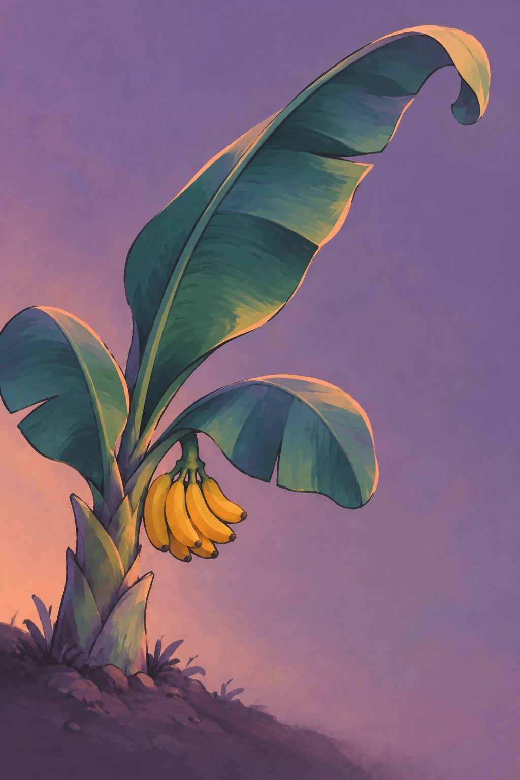 A stylized banana plant with a short, thick stem and a hanging bunch of golden bananas grows from a sloping patch of dark plum earth.