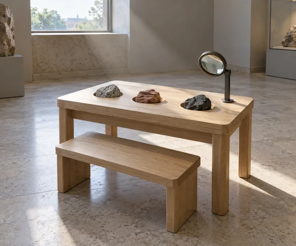 A pale oak geology learning table with three stone samples in recessed wells and a mounted magnifier stands on a limestone floor; a matching low bench is…