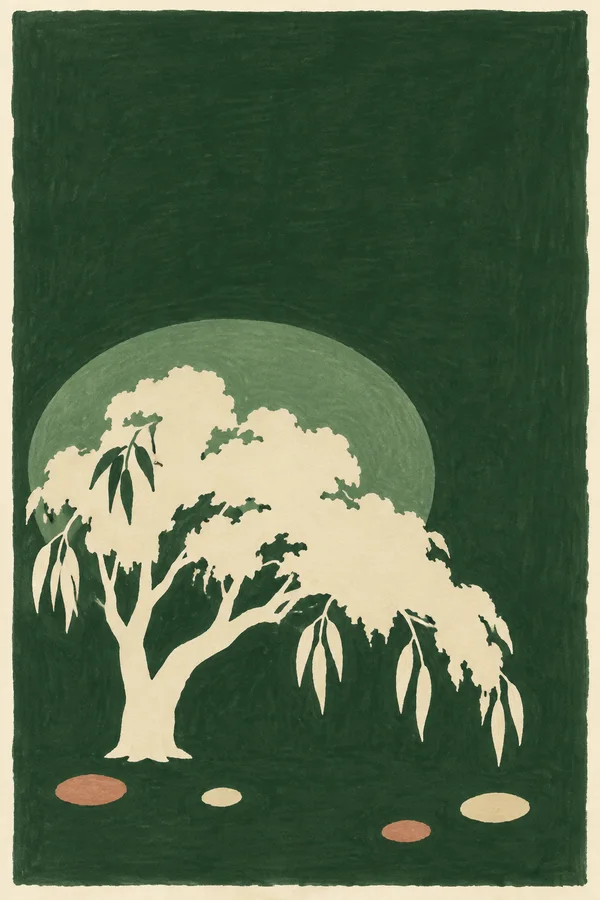 A cream negative-space tree silhouette with a short, thick forked trunk and a broad, low-spreading crown sits against a forest-green marker field.