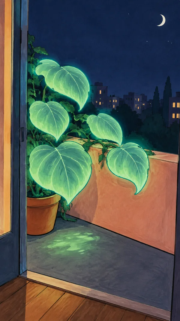A glowing vine with five large mint-green leaves spills from a terracotta pot over a peach balcony wall, viewed through an open doorway at night.
