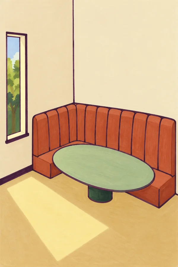 A terracotta L-shaped banquette and empty mint-green oval table sit in a cream-walled dining corner, with a narrow window and a pale-yellow patch of sunlight…