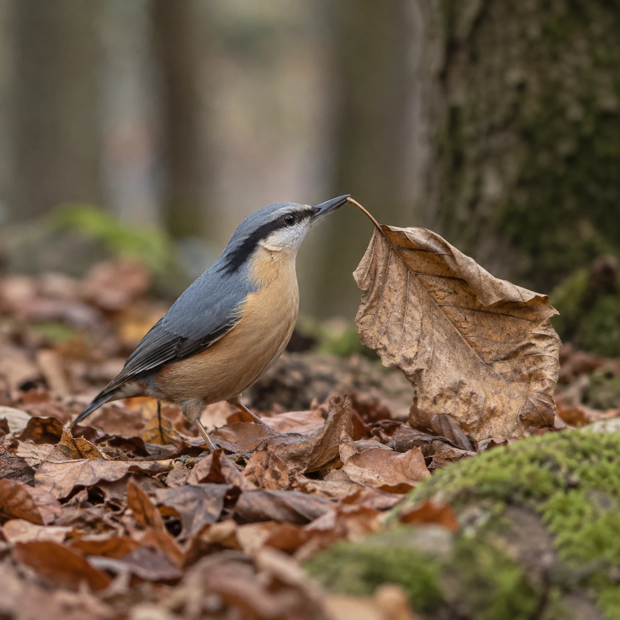 A blue-gray and buff bird with a dark eye stripe stands among fallen leaves, gripping the stem of a large curled brown leaf in its beak; blurred woodland and…