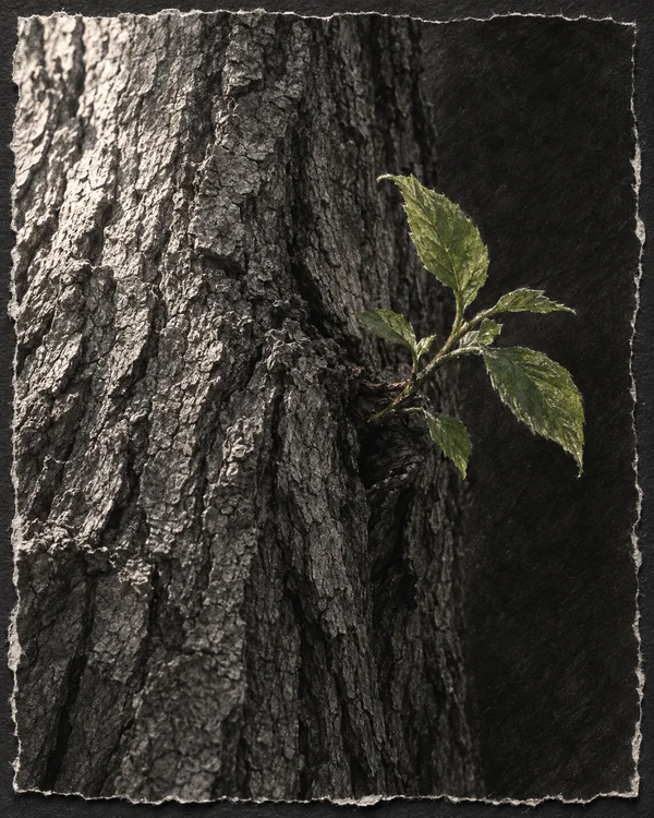 A small green leafy shoot emerges from a crevice in a deeply textured tree trunk, against a dark background, within an irregular torn-paper border.
