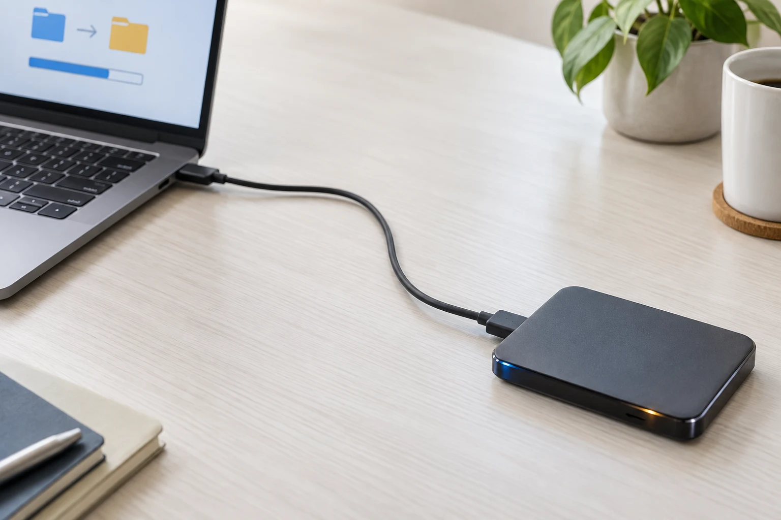 A charcoal external drive connected by a curved black cable to a cropped laptop on a pale desktop; the laptop screen shows folder icons and a partly filled…