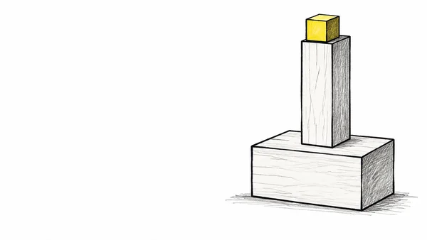 Three outlined wooden blocks are stacked on the right: a wide rectangular base, a tall narrow block, and a small yellow cube on top.