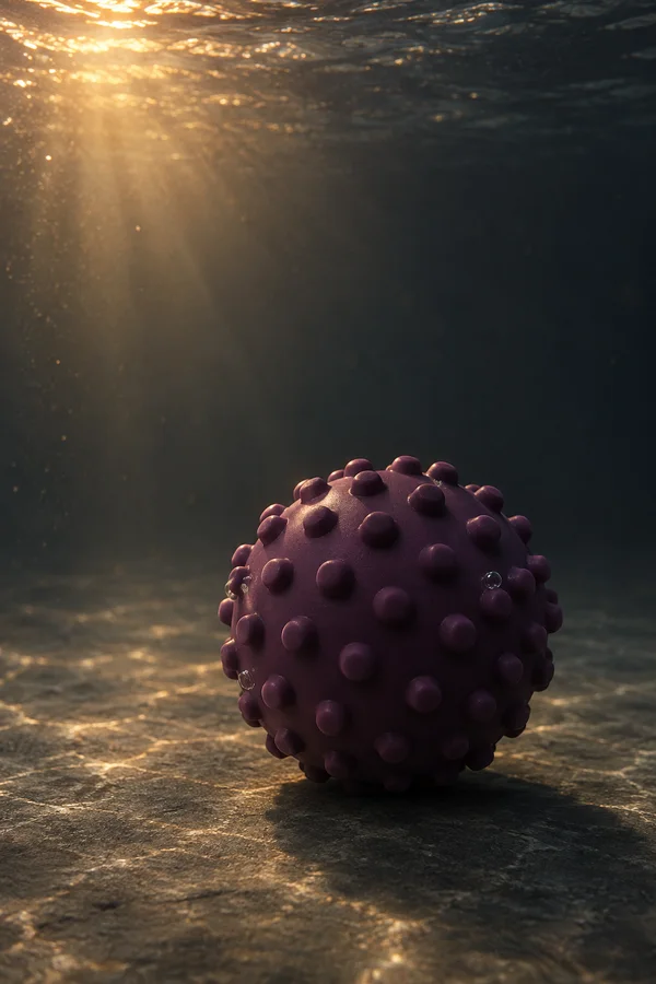 A deep-plum studded ball rests on a dark textured floor underwater, lit by warm light from the upper left with a few small bubbles clinging to its surface.