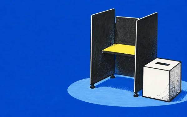 A three-panel charcoal polling booth with a lemon-yellow writing shelf and short supports stands beside a white ballot box with a black slot, set on a…