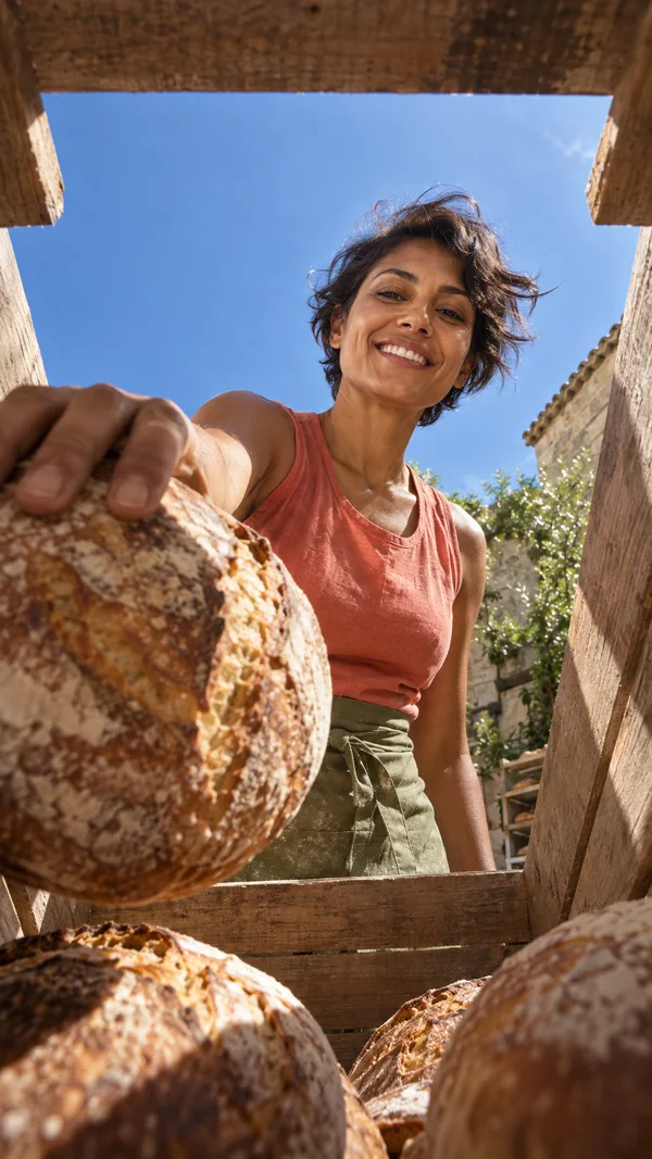 A smiling woman in a coral sleeveless shirt and olive apron leans over a weathered wooden bread crate, lifting a large crusty loaf toward the camera.