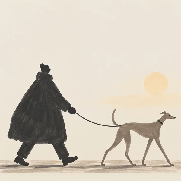 A dark, broad-coated person walks a slender taupe dog across a pale background, with a loose curved leash between them, a round sun at right, and several…
