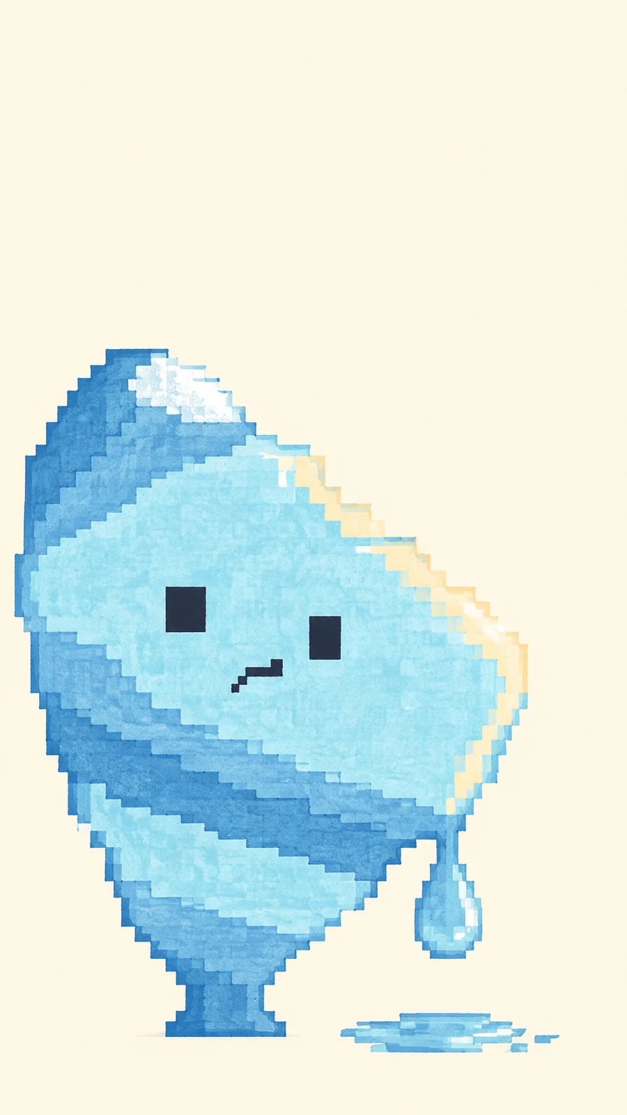 A large pale-cyan pixelated ice character with square dark eyes and a crooked mouth stands against a warm cream background; blue bands cross its body, with a…