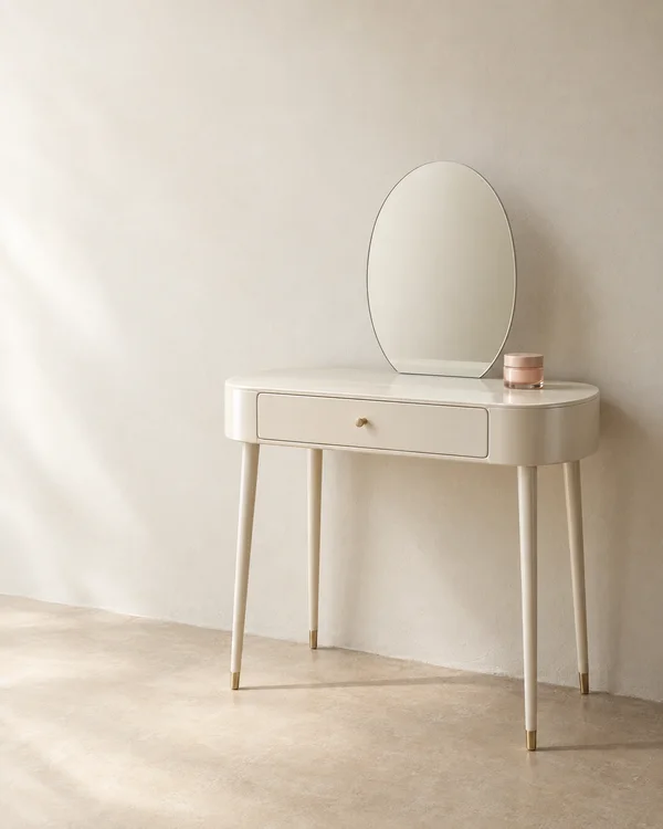 A satin-ivory vanity table with rounded edges and a shallow drawer stands against a warm plaster wall.