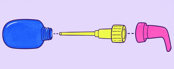 A sideways exploded illustration of a lotion pump: a squat blue reservoir, a yellow insert with a long dip tube and wide screw collar, and a detached bent pink…