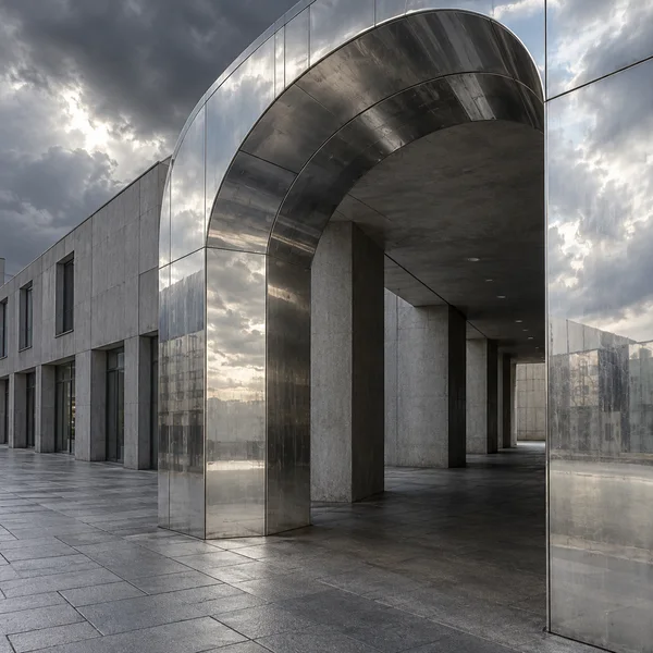 An empty paved pedestrian arcade beneath a large curved chrome-clad entrance, with concrete columns and a covered walkway receding into shadow under storm…