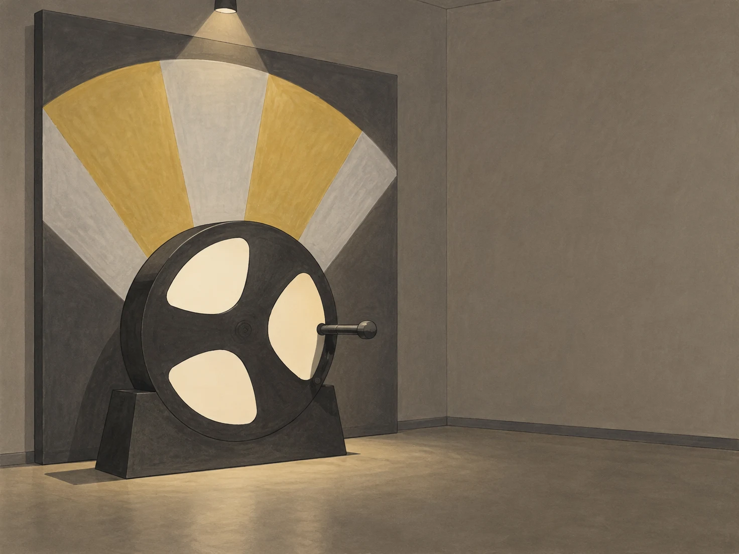 A large dark circular wheel with three pale openings and a projecting handle stands before a fan-shaped mustard-and-gray projection in a quiet gallery corner…