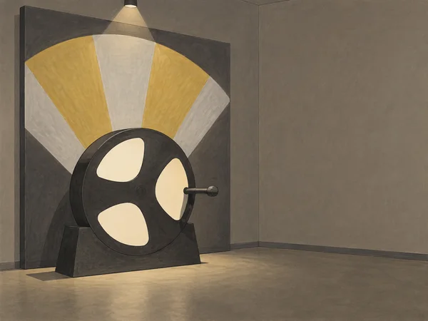 A large dark circular wheel with three pale openings and a projecting handle stands before a fan-shaped mustard-and-gray projection in a quiet gallery corner…