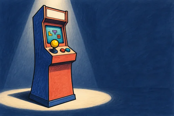 A coral arcade cabinet with a large yellow joystick and two colored buttons stands in a cream spotlight against a deep blue background, with open space to the…
