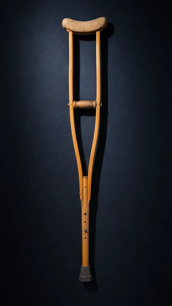 A vintage wooden underarm crutch lies nearly vertically on a dark blue-black surface, showing a tan padded rest, a crosswise handgrip, a honey-colored forked…