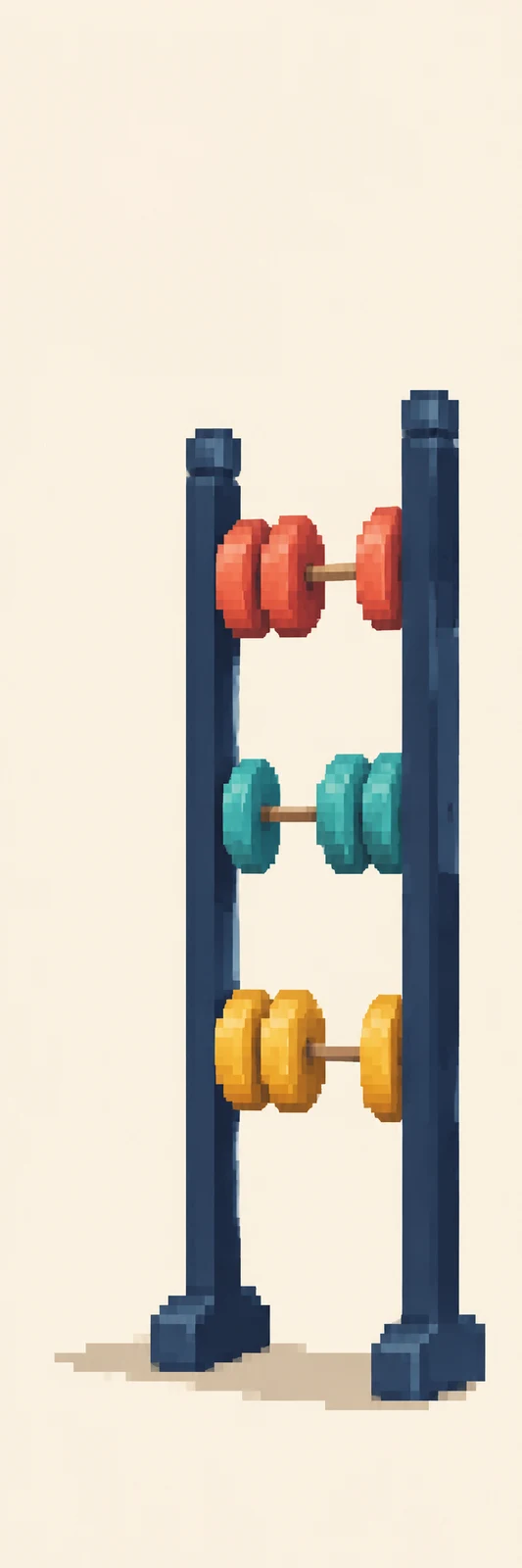 A tall, dark blue abacus stands against a warm cream background, with three coral beads on the top rod, three turquoise beads on the middle rod, and three…