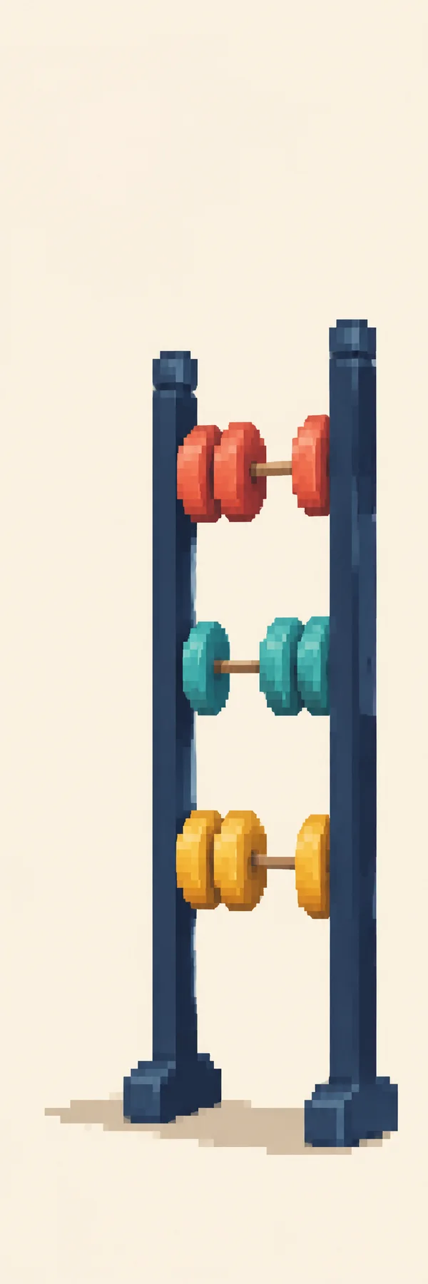 A tall, dark blue abacus stands against a warm cream background, with three coral beads on the top rod, three turquoise beads on the middle rod, and three…