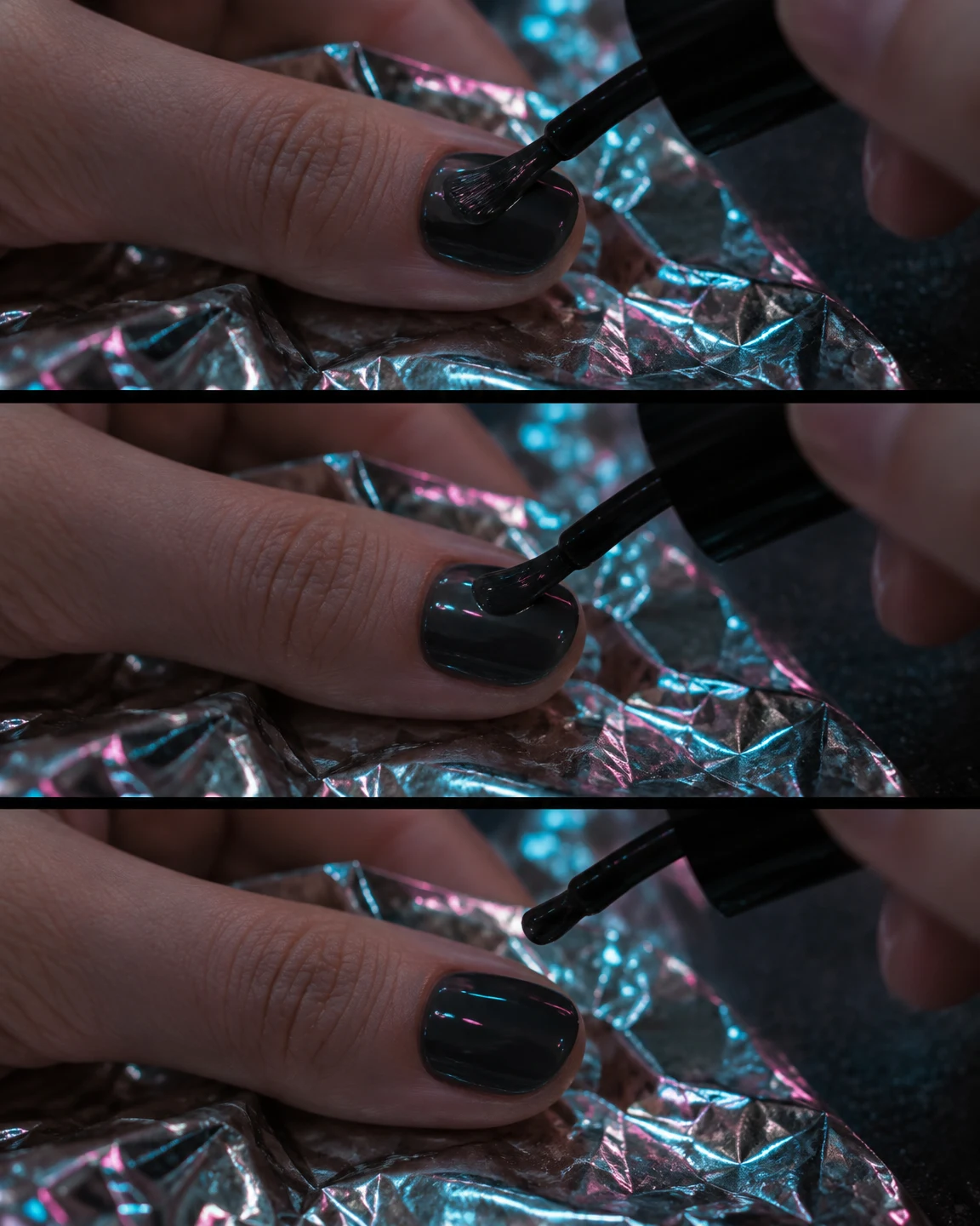 Three stacked close-up frames show a black brush applying glossy charcoal polish to a thumb above crumpled reflective foil; the brush lifts clear of the nail…