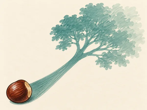 A glossy chestnut-brown seed with a pale seam sits near the lower-left corner of an ivory surface, beside a long teal form that rises diagonally into a broad…