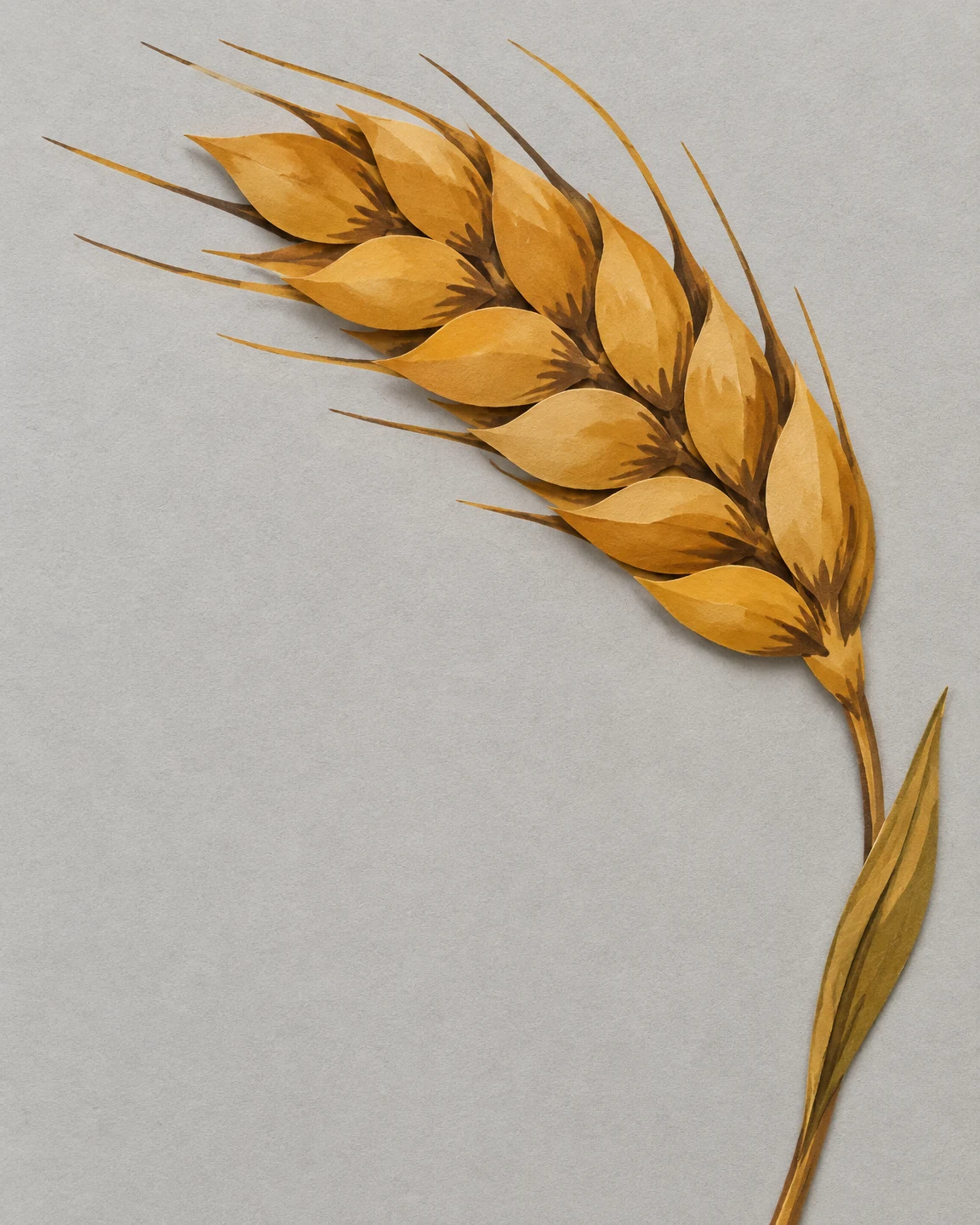 A large golden wheat head with overlapping ochre kernels and long pointed awns curves toward the upper left, attached to a slender stalk with one folded leaf…