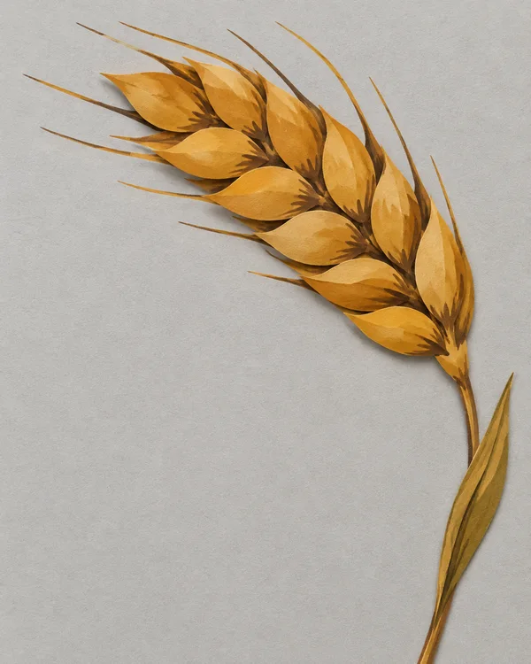 A large golden wheat head with overlapping ochre kernels and long pointed awns curves toward the upper left, attached to a slender stalk with one folded leaf…