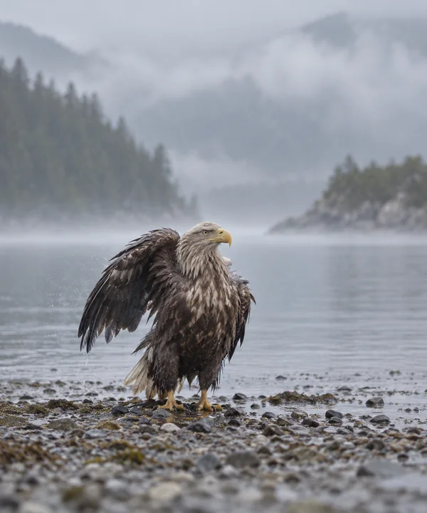 A wet white-tailed eagle stands on a rocky lakeshore with one wing partly raised, against a calm, misty lake and blurred wooded banks.