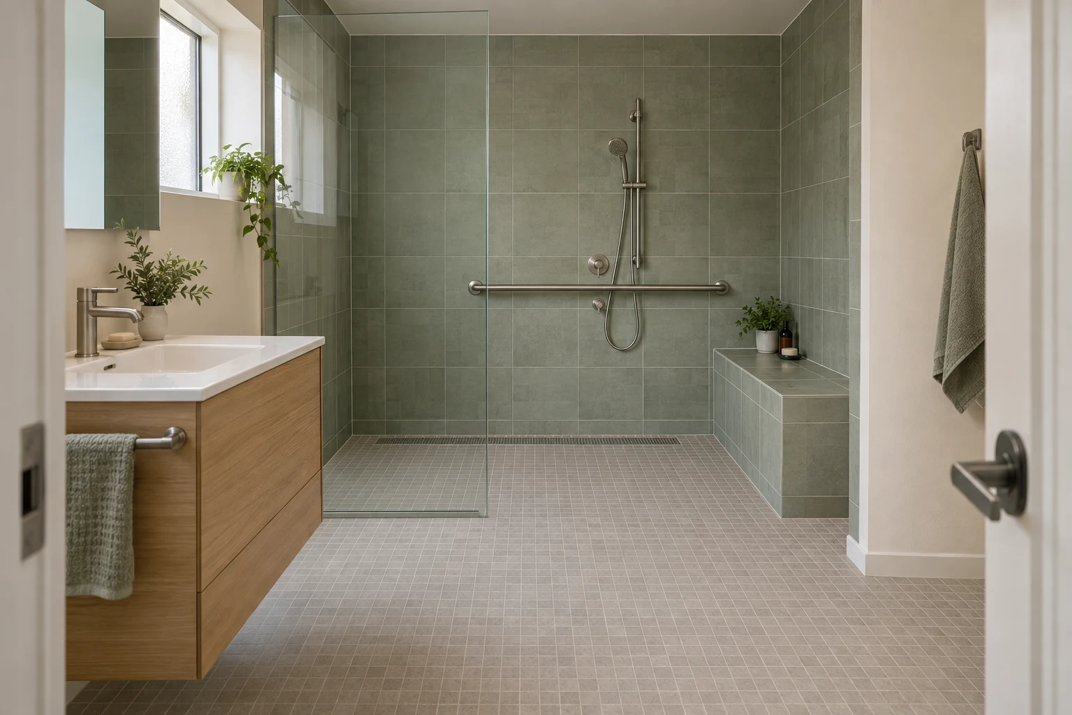 A spacious accessible bathroom with a sage-tiled walk-in shower, tiled bench, horizontal grab rail, handheld shower, clear glass panel and linear drain.