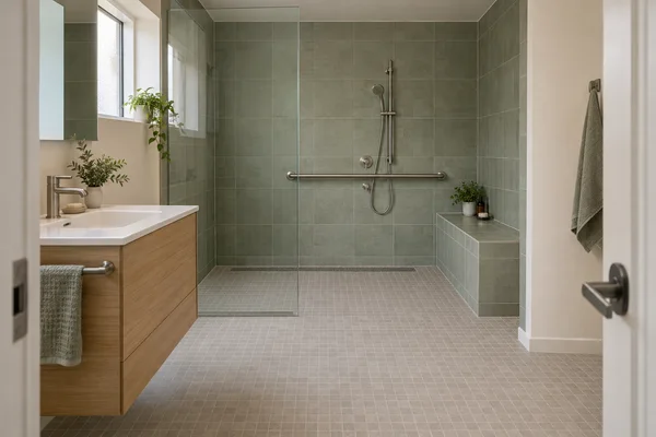 A spacious accessible bathroom with a sage-tiled walk-in shower, tiled bench, horizontal grab rail, handheld shower, clear glass panel and linear drain.