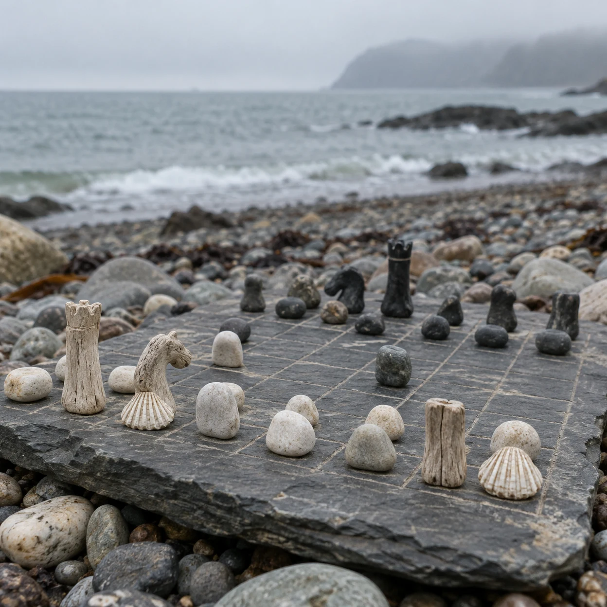 A slate slab with a scratched chess grid and improvised pieces made from pale and dark pebbles, shells, and weathered wood rests on a shingle beach, with a…